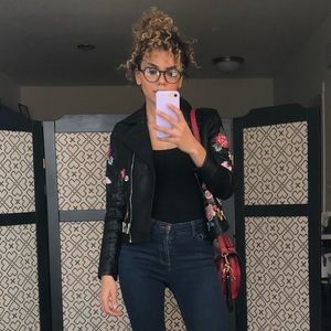 Embroidered faux leather jacket cropped fit